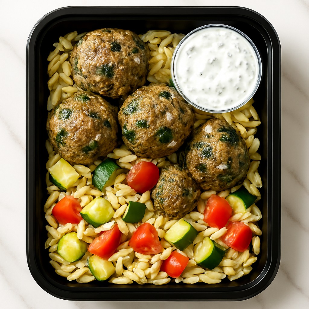 Greek Meatballs with Orzo at Goodness Gracious Catering